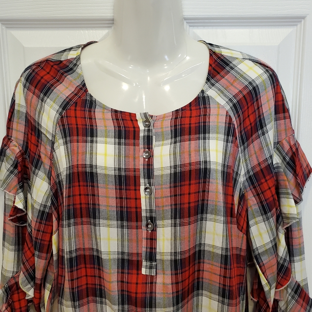 Splendid Plaid Button Front Ruffle Sleeve Top - Picture 3 of 14